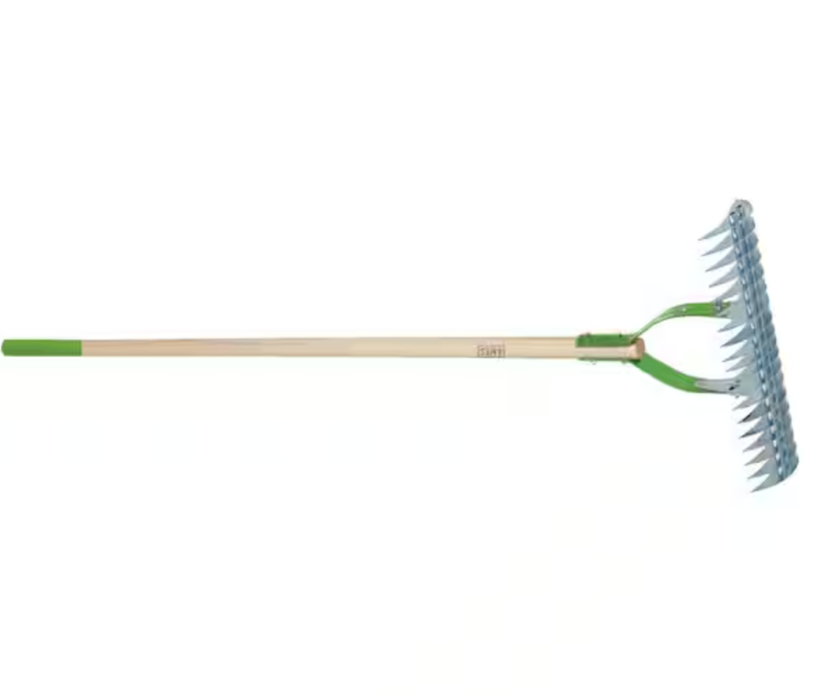 Ames 54. in Hardwood Handle Thatch Rake with green head and wooden handle.
